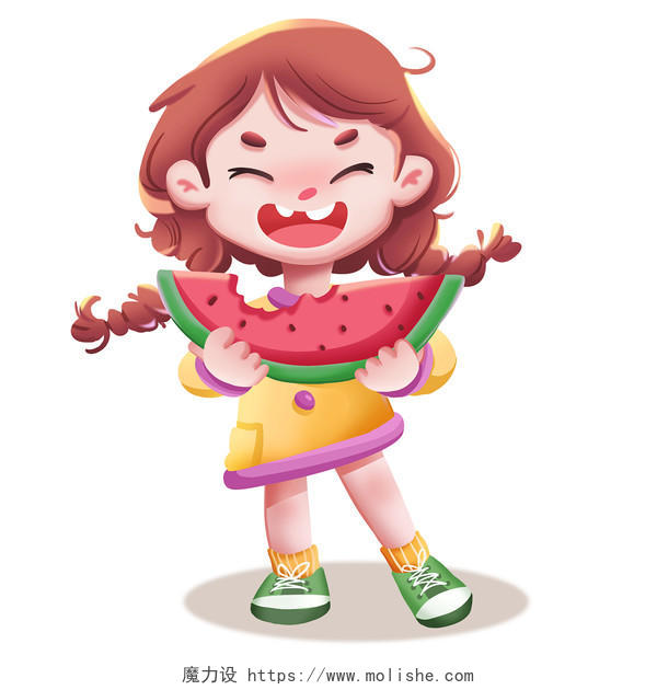 夏天女孩西瓜水果双马尾笑容阳光服装衣服正能量人物儿童卡通插画